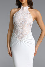 Fahrenheit white Halter Ruched Lace Maxi Dress