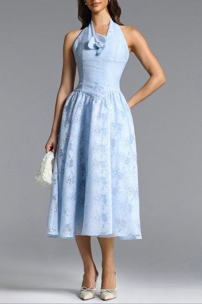 Delaney blue Halter Floral Jacquard Midi Dress