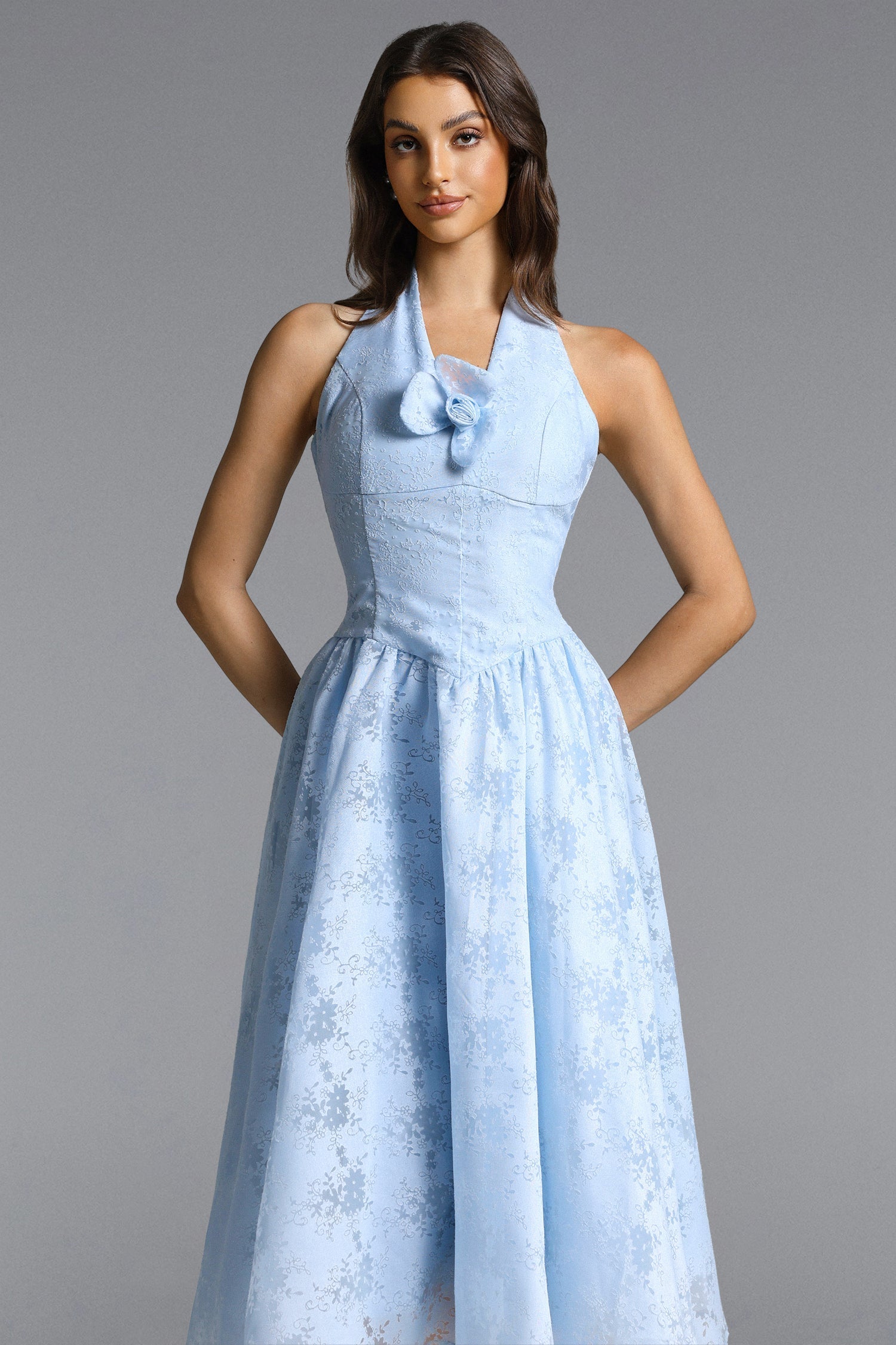 Delaney blue Halter Floral Jacquard Midi Dress
