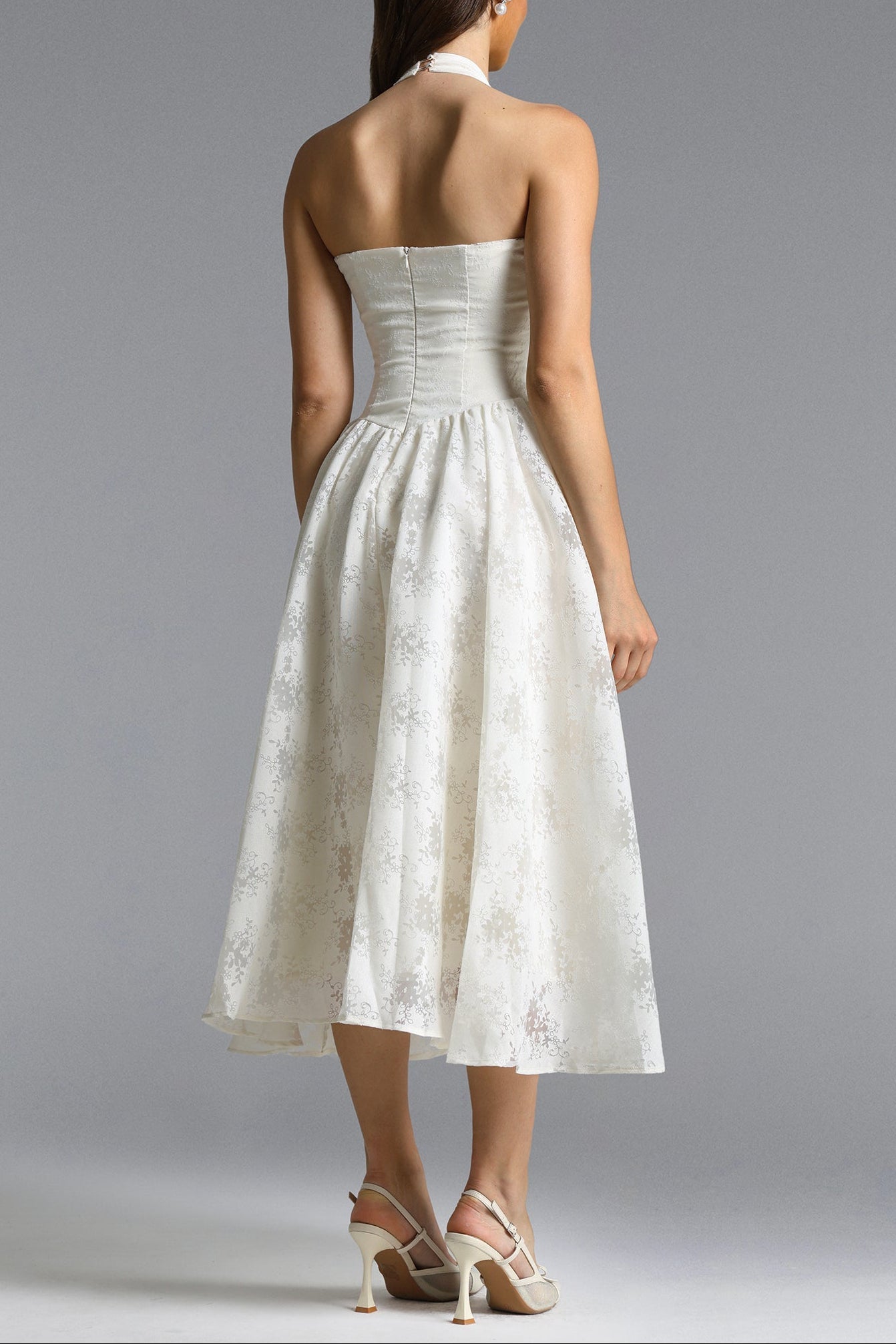 Delaney White Halter Floral Jacquard Midi Dress