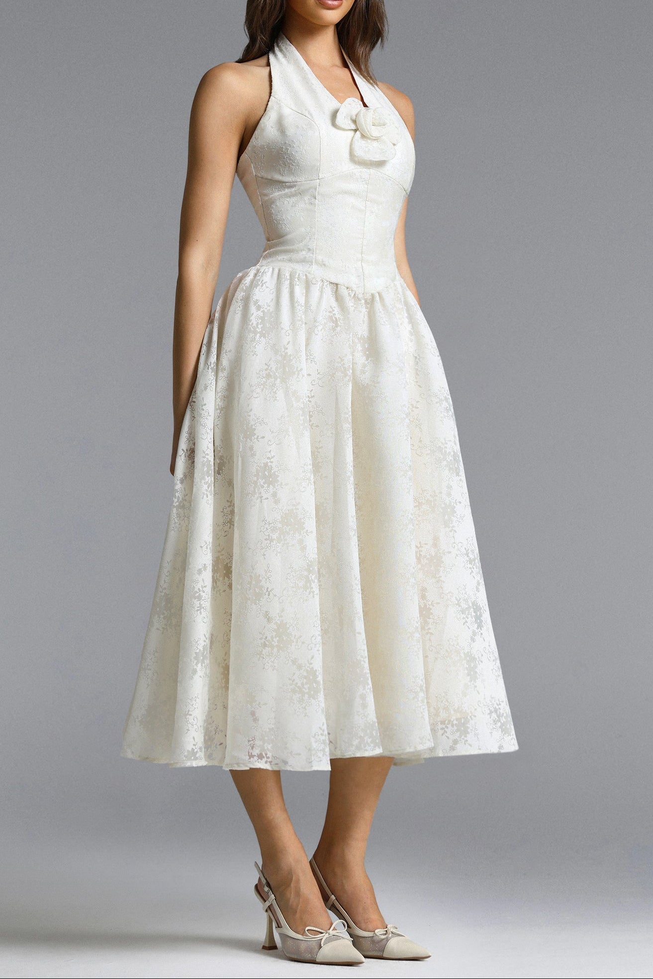 Delaney White Halter Floral Jacquard Midi Dress