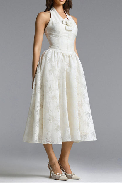 Delaney White Halter Floral Jacquard Midi Dress