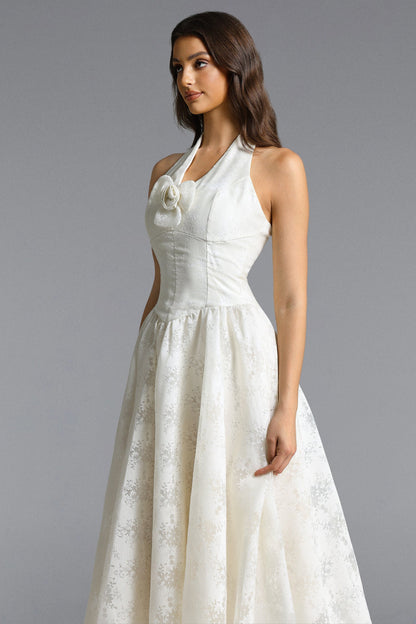 Delaney White Halter Floral Jacquard Midi Dress