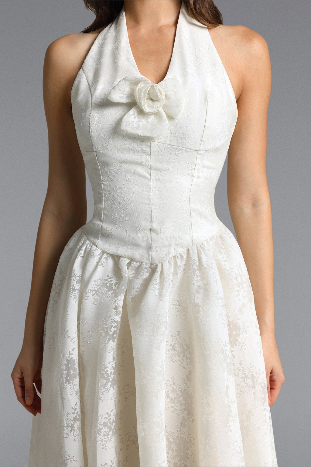 Delaney White Halter Floral Jacquard Midi Dress