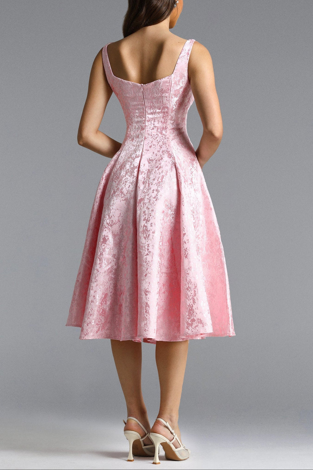 Flowering Girl Women Lisbon pink Square Neck Jacquard Satin Midi Dress