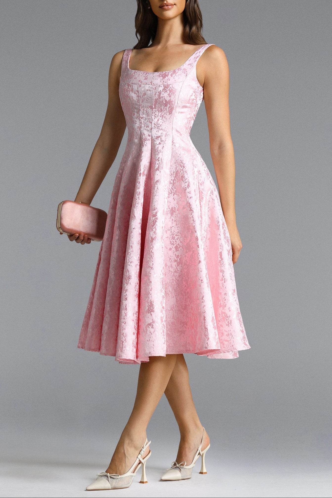 Flowering Girl Women Lisbon pink Square Neck Jacquard Satin Midi Dress
