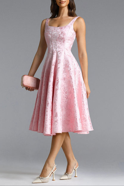Lisbon pink Square Neck Jacquard Satin Midi Dress