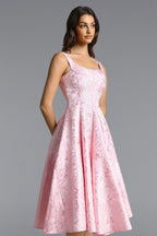 Flowering Girl Women Lisbon pink Square Neck Jacquard Satin Midi Dress