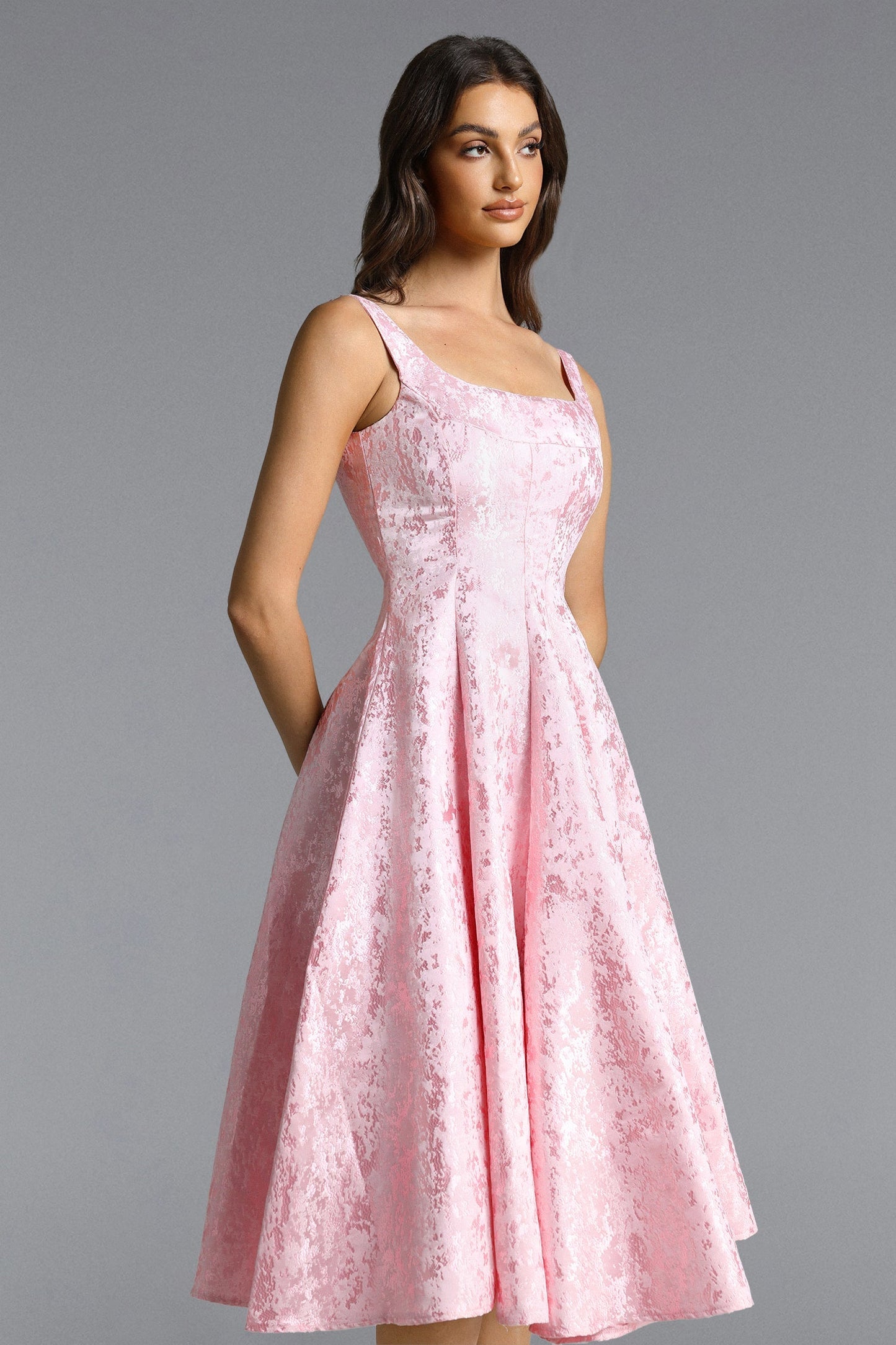 Lisbon pink Square Neck Jacquard Satin Midi Dress
