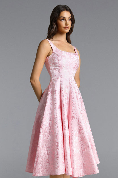 Lisbon pink Square Neck Jacquard Satin Midi Dress