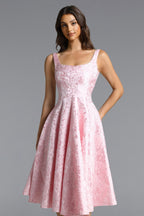 Flowering Girl Women Lisbon pink Square Neck Jacquard Satin Midi Dress