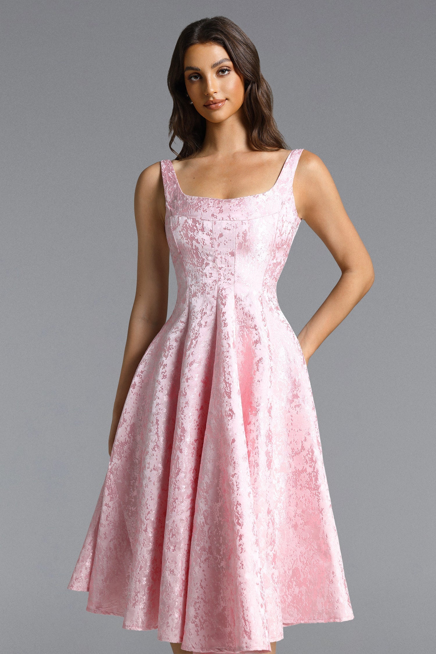 Flowering Girl Women Lisbon pink Square Neck Jacquard Satin Midi Dress