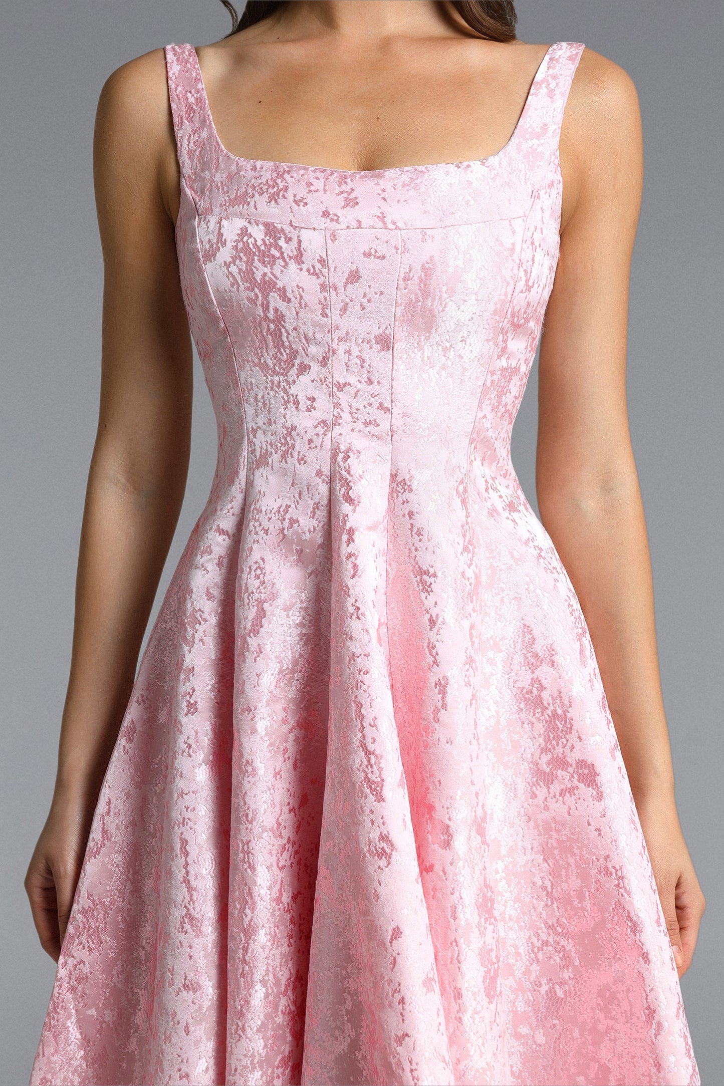 Lisbon pink Square Neck Jacquard Satin Midi Dress