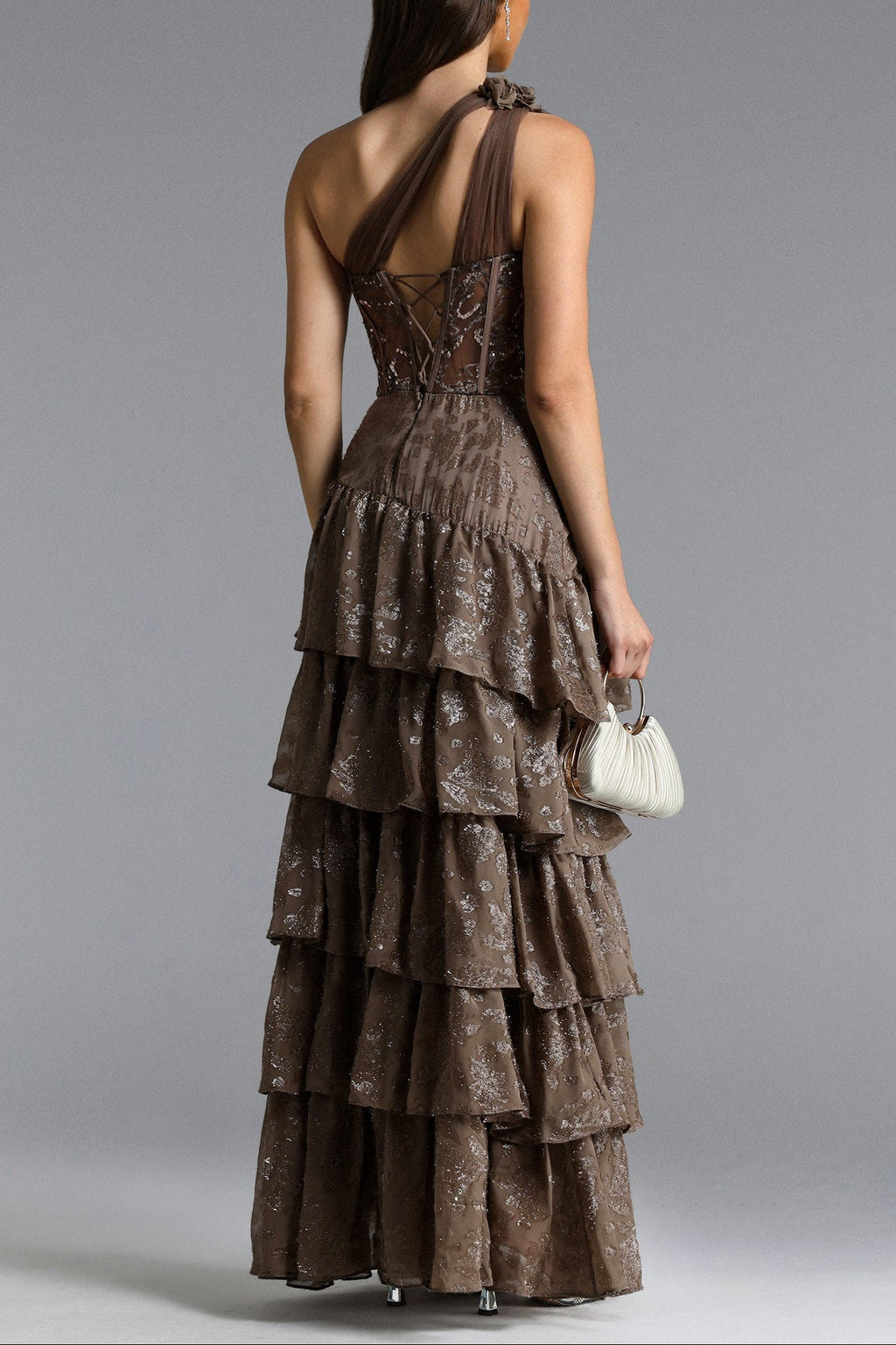 Hedar One Shoulder Cut Out Ruffle Embellished Sequin Maxi Dress