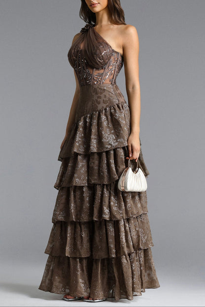 Hedar One Shoulder Cut Out Ruffle Embellished Sequin Maxi Dress