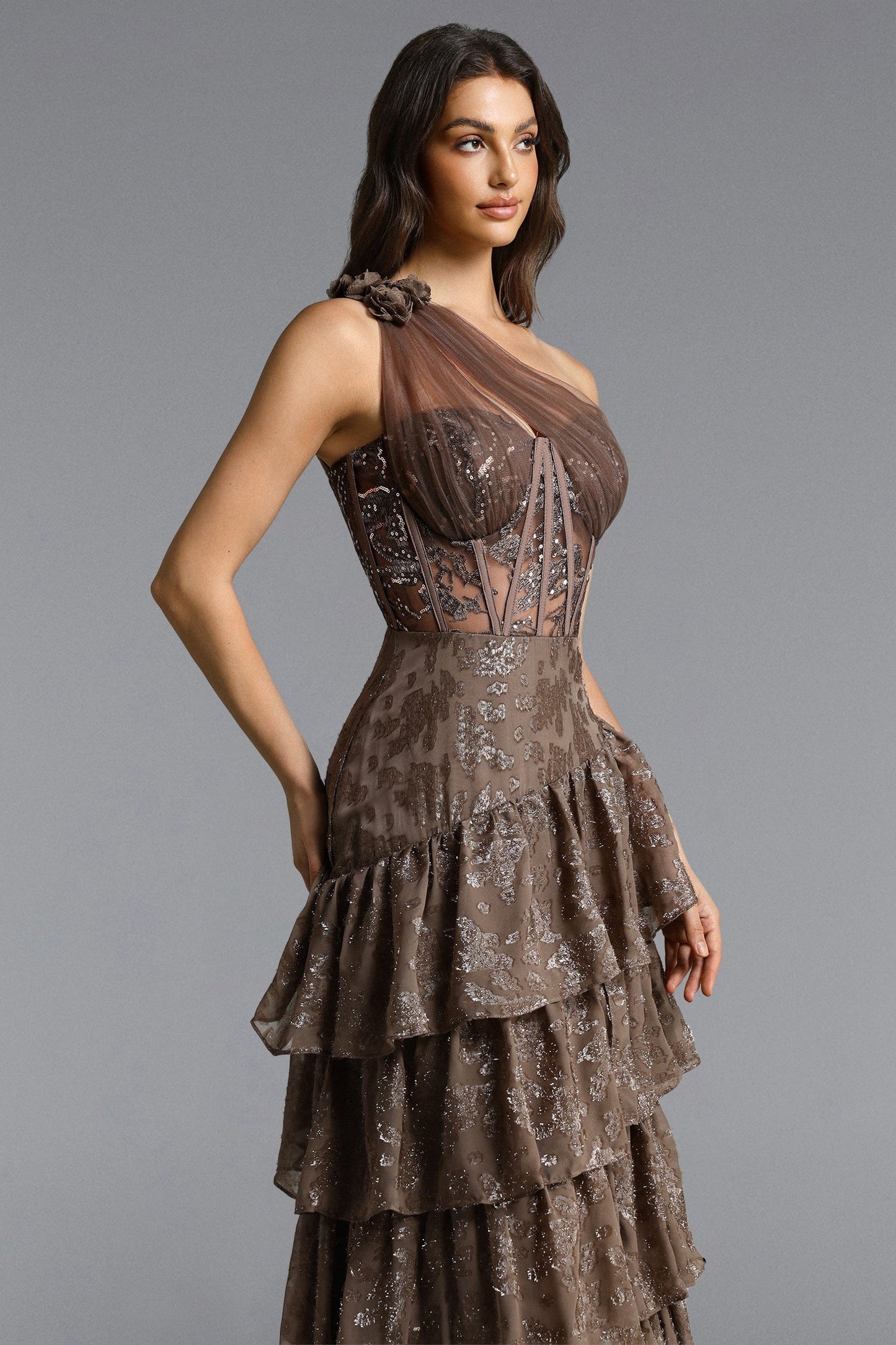 Hedar One Shoulder Cut Out Ruffle Embellished Sequin Maxi Dress
