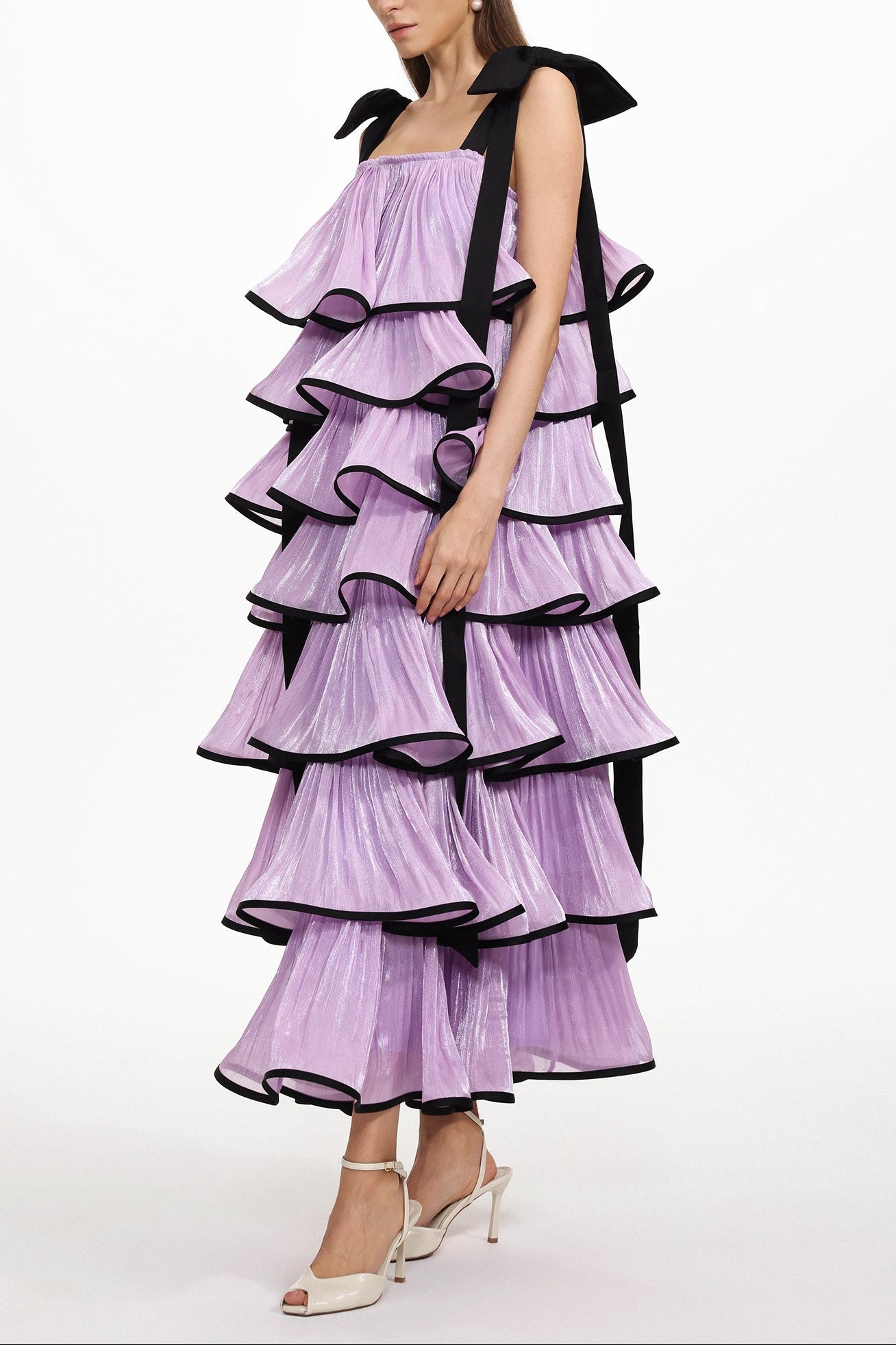 Uareni Bow Strap Pleated Organza Maxi Dress