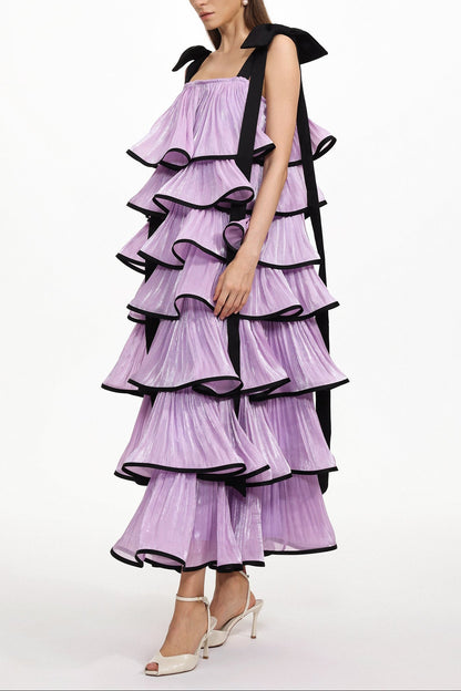 Uareni Bow Strap Pleated Organza Maxi Dress