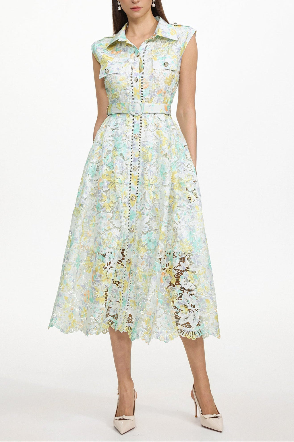 Viya geen Sleeveless Floral Print Lace Midi Dress