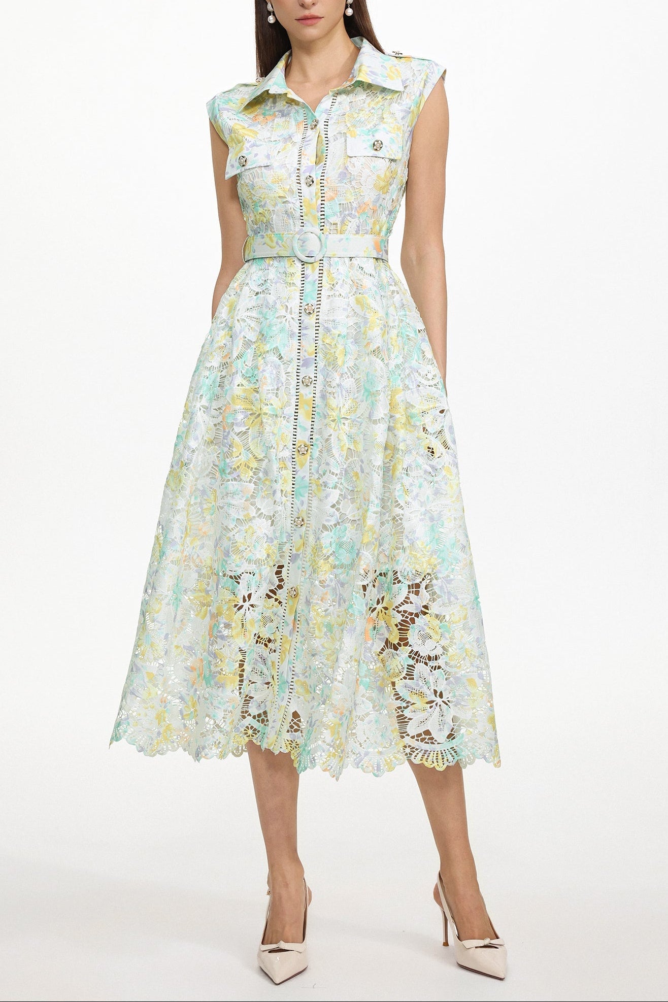 Viya geen Sleeveless Floral Print Lace Midi Dress