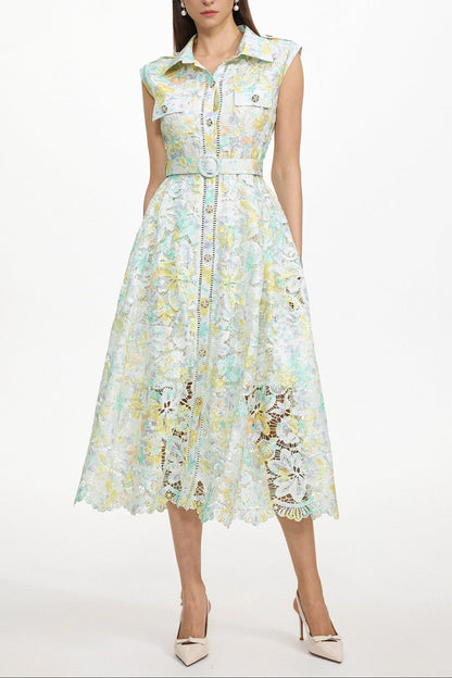 Viya geen Sleeveless Floral Print Lace Midi Dress