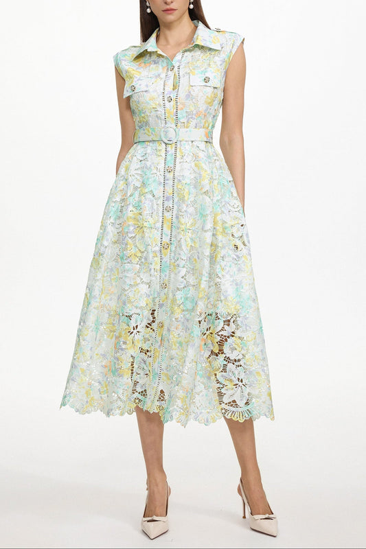 Viya geen Sleeveless Floral Print Lace Midi Dress