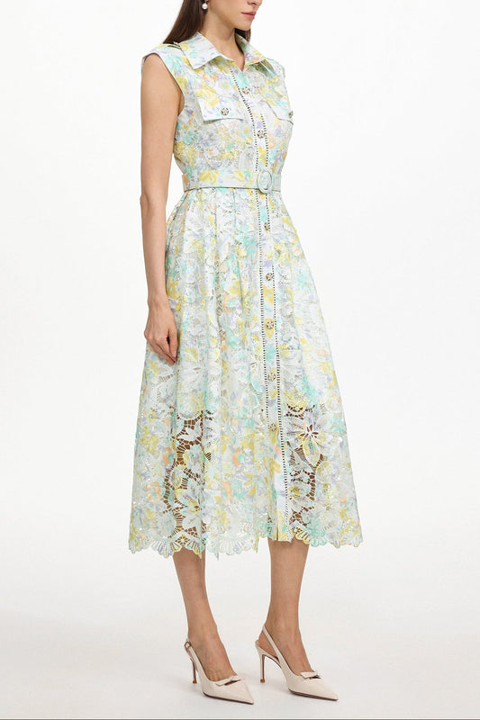 Viya geen Sleeveless Floral Print Lace Midi Dress