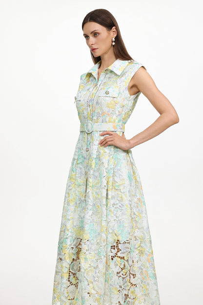 Viya geen Sleeveless Floral Print Lace Midi Dress
