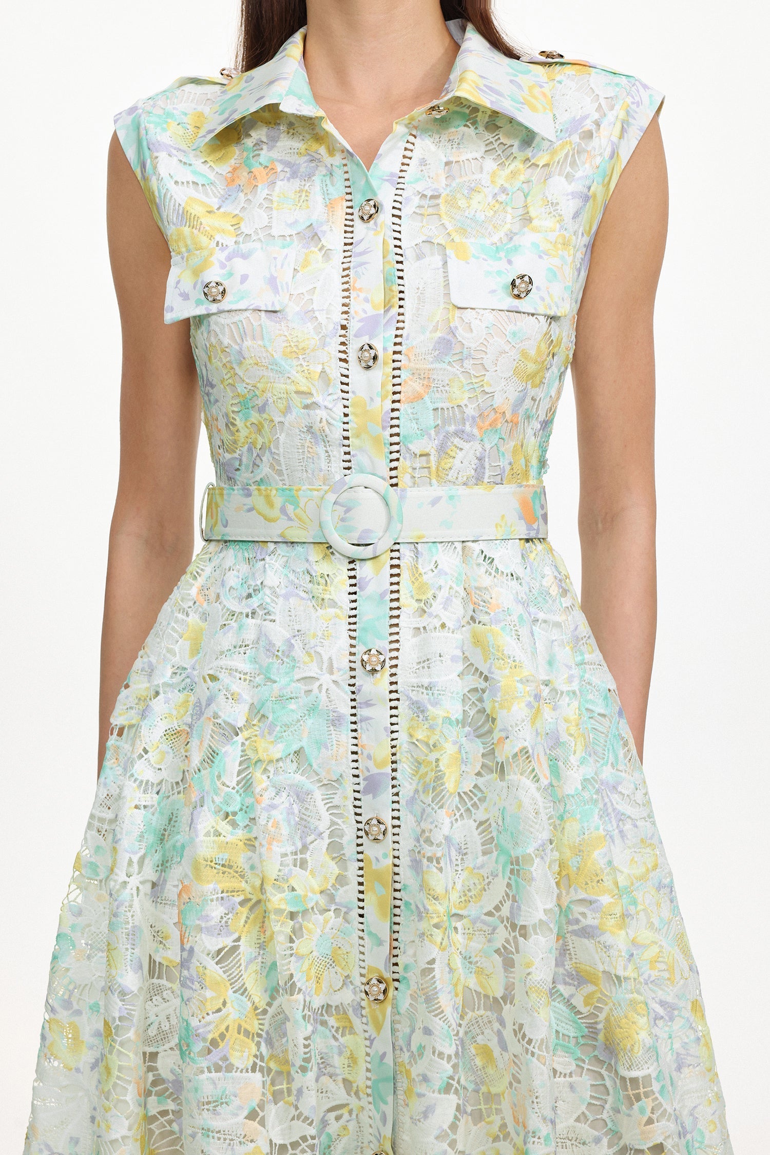 Viya geen Sleeveless Floral Print Lace Midi Dress
