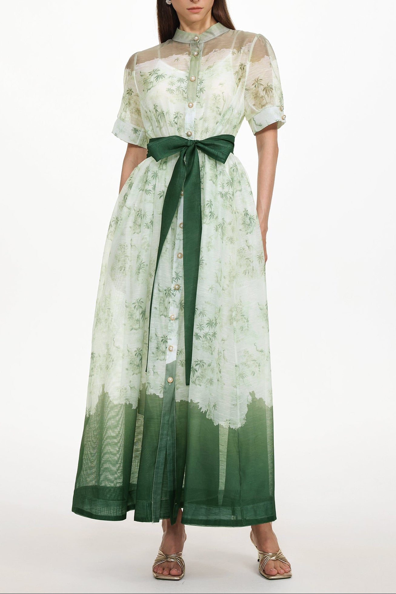 Vilane Green Short Sleeve Floral Print Woven Maxi Dress