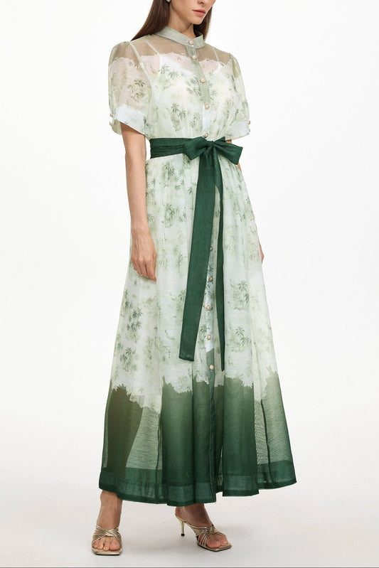 Vilane Green Short Sleeve Floral Print Woven Maxi Dress