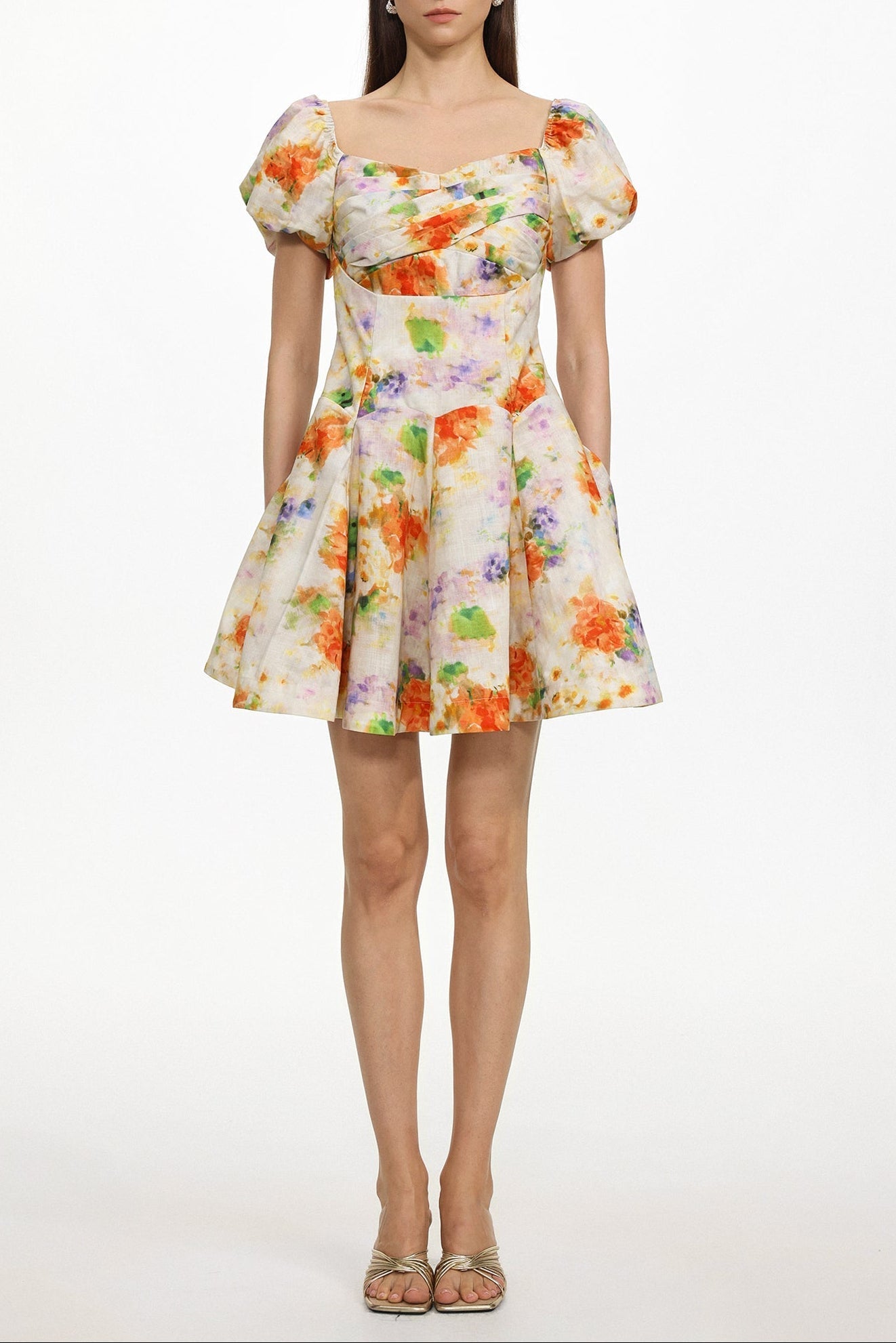 Gearoid Ruched Puff Sleeve Floral Print Woven Mini Dress