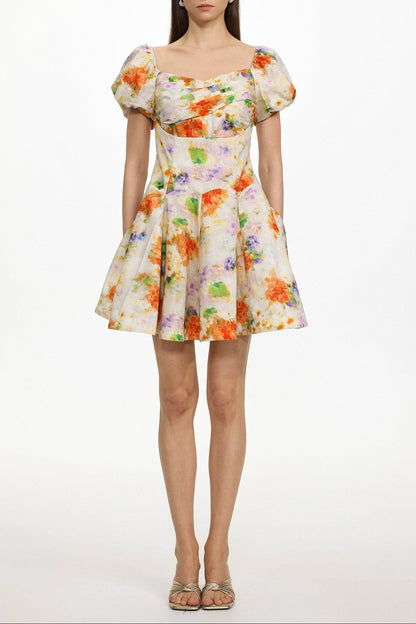 Gearoid Ruched Puff Sleeve Floral Print Woven Mini Dress