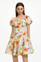Gearoid Ruched Puff Sleeve Floral Print Woven Mini Dress