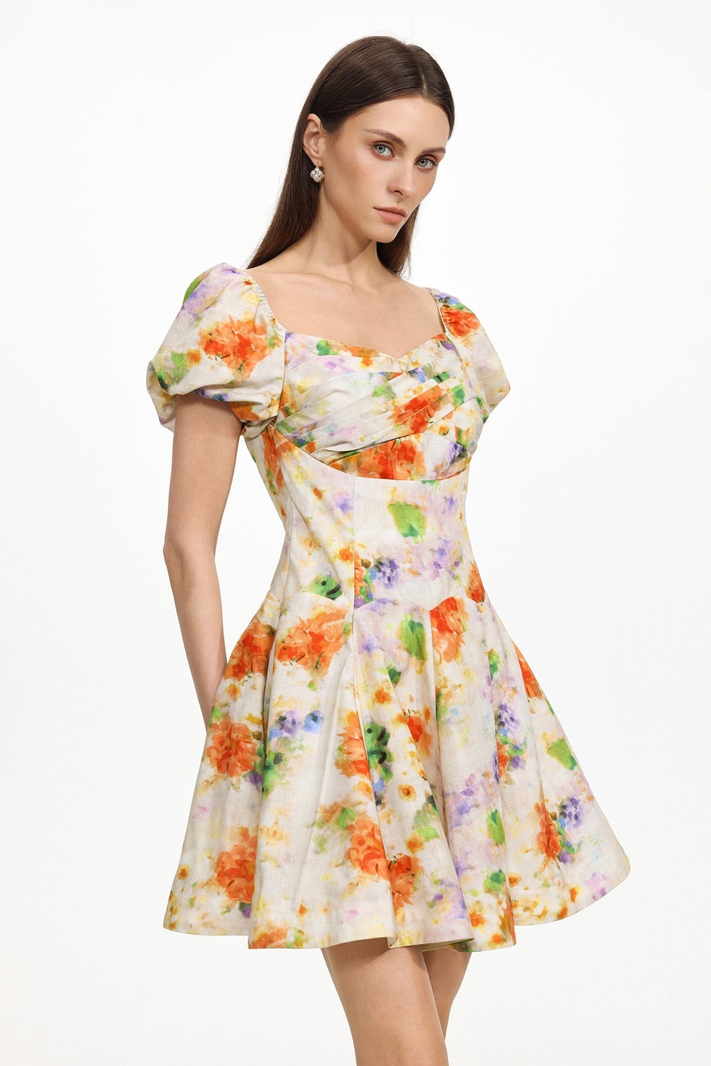 Gearoid Ruched Puff Sleeve Floral Print Woven Mini Dress