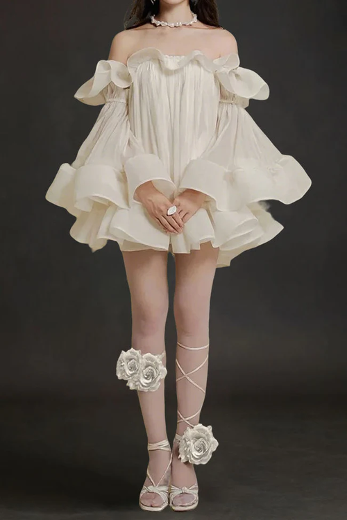 Flowering Girl Women Bernice Ruffle Layer Crinkle Chiffon Mini Dress In White