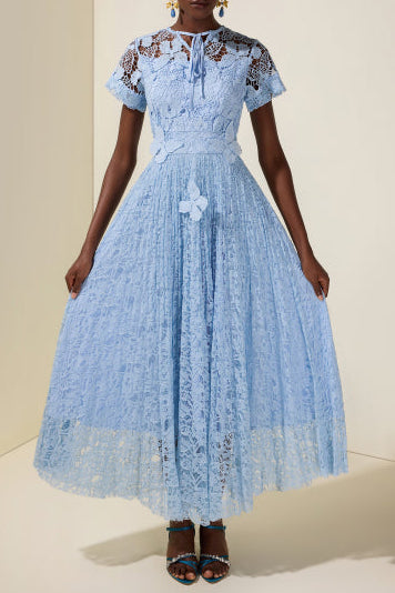 Flowering Girl Women selena Lace Butterfly Pleated Midi Dress - blue