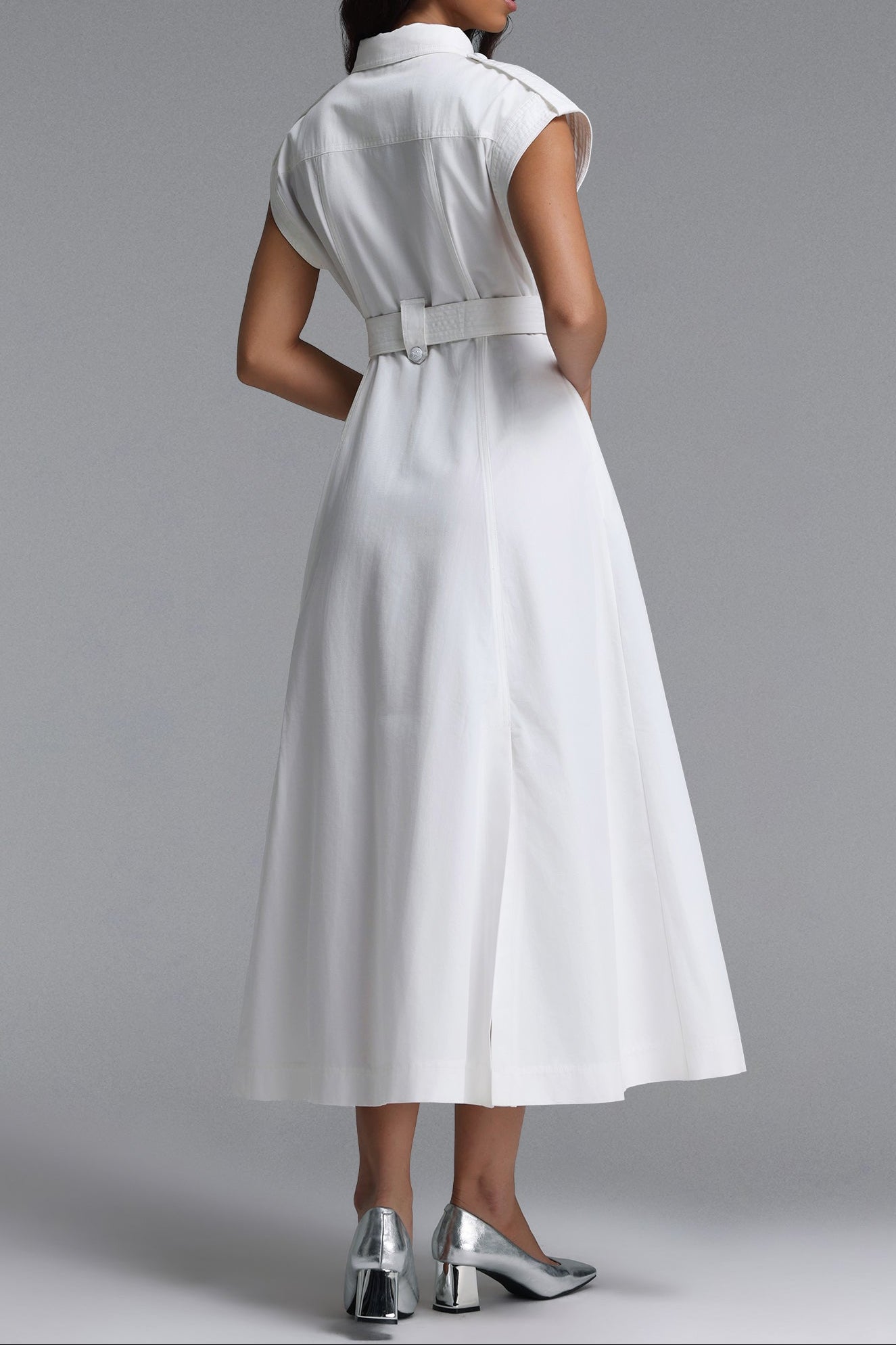Flowering Girl Women White Cap Sleeve Belted Cargo Pocket Front Split Midi Shirt Dress