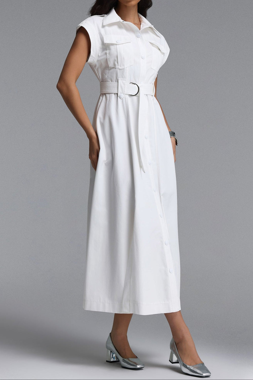Flowering Girl Women White Cap Sleeve Belted Cargo Pocket Front Split Midi Shirt Dress