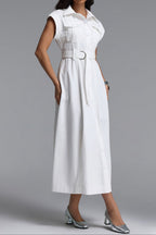 Flowering Girl Women White Cap Sleeve Belted Cargo Pocket Front Split Midi Shirt Dress