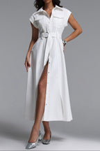 Flowering Girl Women White Cap Sleeve Belted Cargo Pocket Front Split Midi Shirt Dress