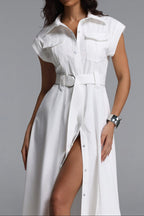 Flowering Girl Women White Cap Sleeve Belted Cargo Pocket Front Split Midi Shirt Dress