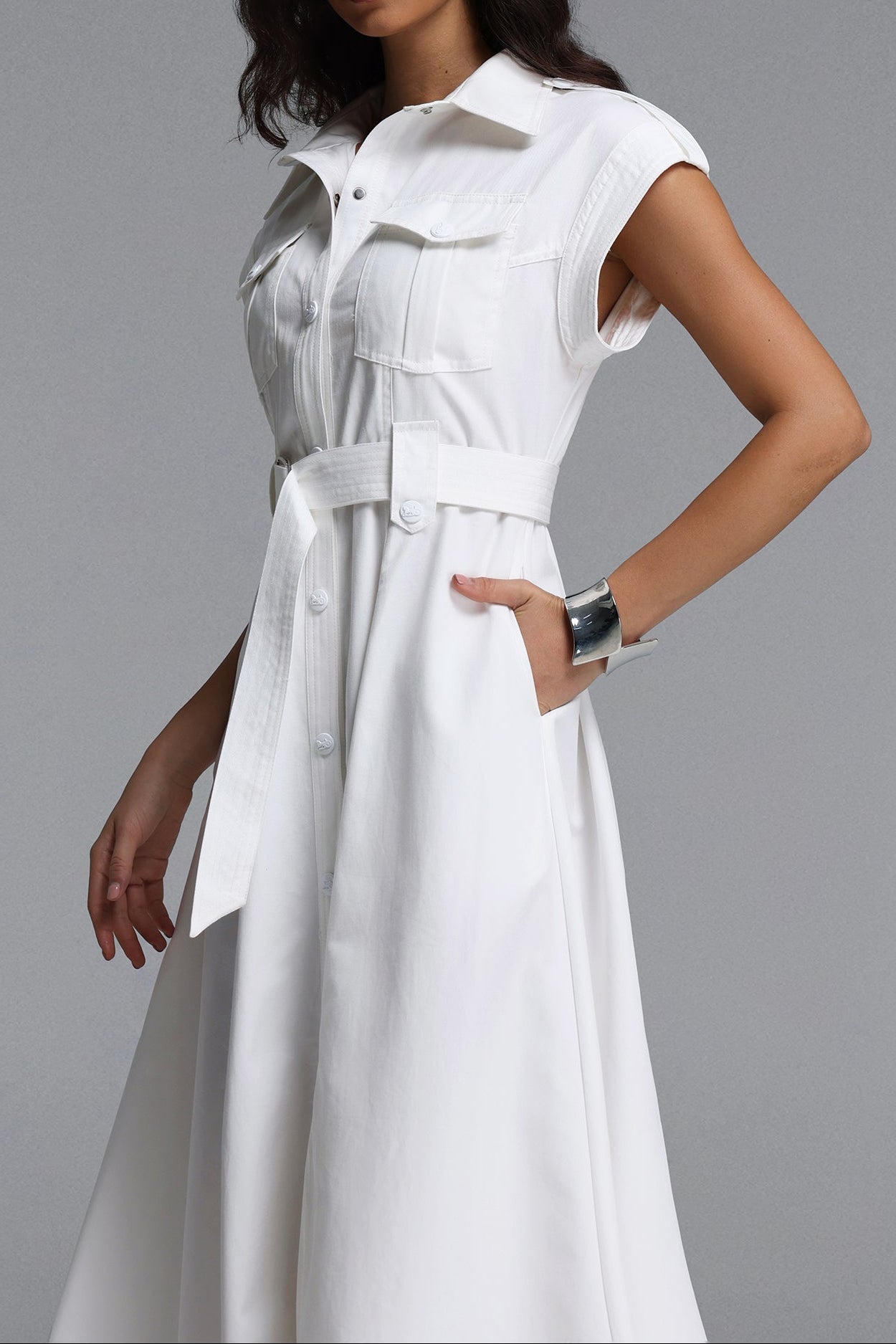 Flowering Girl Women White Cap Sleeve Belted Cargo Pocket Front Split Midi Shirt Dress