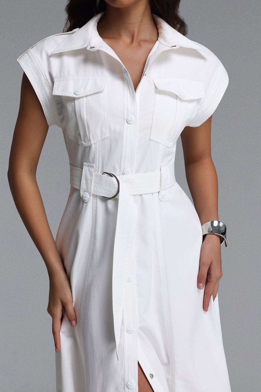 Flowering Girl Women White Cap Sleeve Belted Cargo Pocket Front Split Midi Shirt Dress