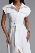 Flowering Girl Women White Cap Sleeve Belted Cargo Pocket Front Split Midi Shirt Dress