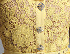Flowering Girl Women Lemon Yellow Floral Lace Peplum Midi Dress with Lapel Collar & Crystal Buttons