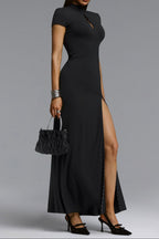 Flowering Girl Women High Neck Rhinestone Trim Short Sleeve High Slit Maxi Dress