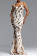 Flowering Girl Women Champagne Linear Sequin Spaghetti Strap Mermaid Maxi Evening Gown