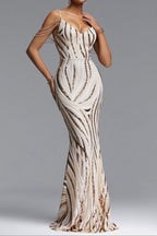 Flowering Girl Women Champagne Linear Sequin Spaghetti Strap Mermaid Maxi Evening Gown