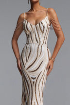 Flowering Girl Women Champagne Linear Sequin Spaghetti Strap Mermaid Maxi Evening Gown
